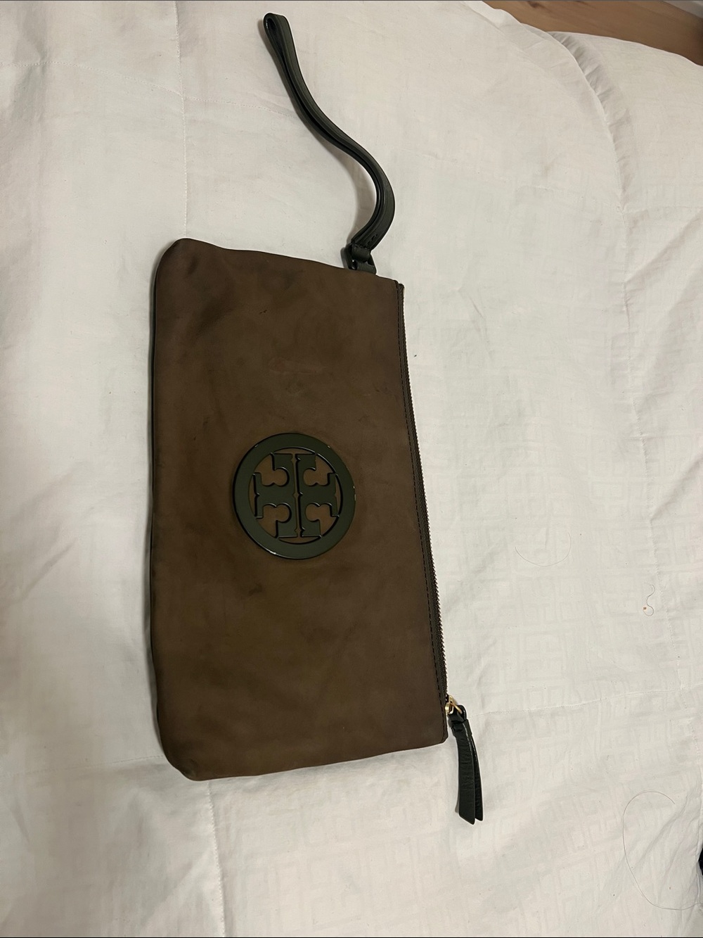 Tory Burch Brown Suede Wristlet with Black Logo Emblem